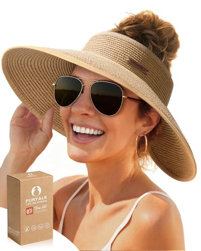 FURTALK Sun Visor Hats for Women Wide Brim Straw Ponytail Summer Beach Hat UV UPF Packable Foldable Travel Khaki