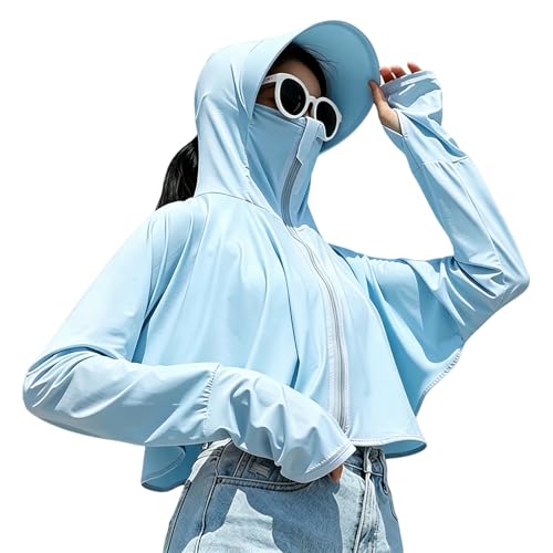 Image of Womens Sunscreen Hoodie Jacket /Shirt UPF 50+ UV Protection from Sun & Pollution with Wide Brim Hat Face Mask Lightweight Full Zip for Outdoor Running Hiking