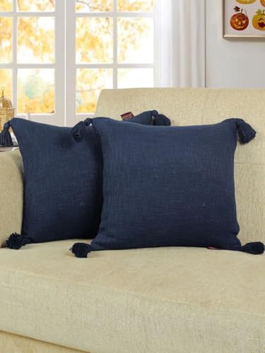 Image of HOMADORN Luxury Cotton Handmade Decorative Boho Throw Pillow Covers with Tassels for Sofa Couch Living Room Indoor Outdoor Chair Car Farmhouse (16X16 INCHES (Square), Navy (Pack of 2))