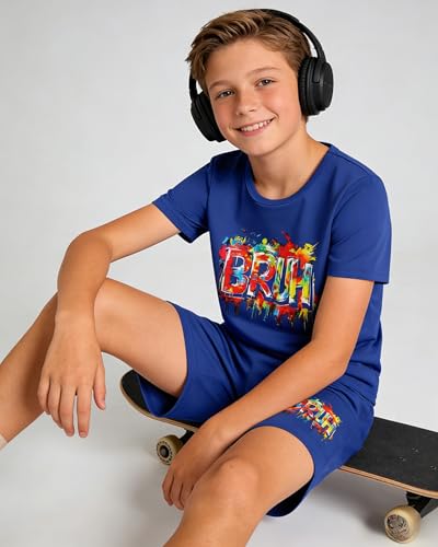 Image of Cakaner Tween Boys Summer Clothes 2 Piece Short Sleeve Graphic T-Shirt and Shorts Casual Outfit Set Size 7-14