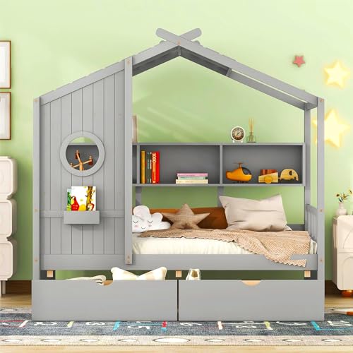 Image of Modern Twin Size House Bed with Roof and Window, Wooden Daybed Frame with Shelves and 2 Drawers,Bedroom Furniture for Girls & Boys (Gray+2 Drawers /)