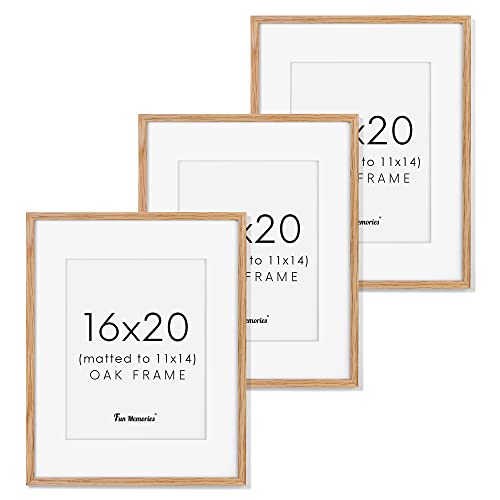 Image of 16x20 Picture Frames, Solid Oak Wood Frame 16"x20", 16x20 Frame Matted to 11x14, 16 x 20 Wood Frame with Real Glass, 16x20 Poster Frames for Wall (Beige Oak Color, 3 Pack)