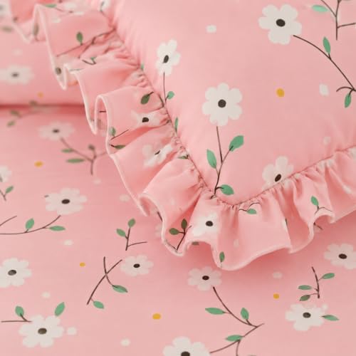 Image of Bluestrip Premium Polycotton Fitted Bedsheet for Double Bed with 2 Frill Pillow Covers | Floral Pink Printed Bed Sheet | All Around Elastic Deep Pocket | Soft | 72 x 78 Inches
