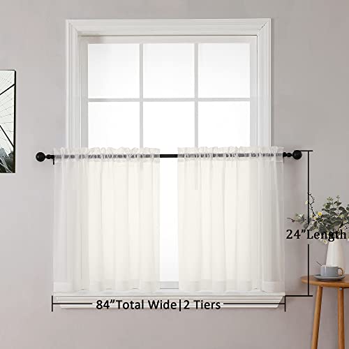 Image of Chyhomenyc Sheer Curtains Tiers 2 Pieces Set, Light Filtering Small Curtains 24 in Length, Short Bathroom Living Room Cafe Basement Voile Window Curtains, Rod Pocket, 42W x 24L Inches, Ivory