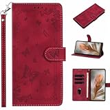 Funda de piel para iPhone 14 con diseño de mariposa en relieve, función atril, a prueba de golpes, con ranuras para tarjetas magnéticas, para iPhone 14, color rojo