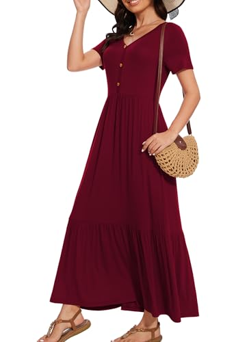 Image of VIISHOW Women's Short Sleeve Maxi Dress 2026 Summer V Neck Knit Loose Plain Empire Waist Casual Dresses with Pockets