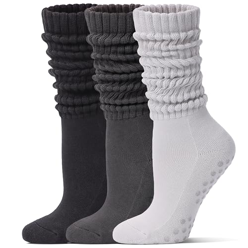 Pilates Socks with Grips for Women Long Slouch Non-Slip Yoga Barre Cushioned Workout Scrunch Socks 3 Pairs