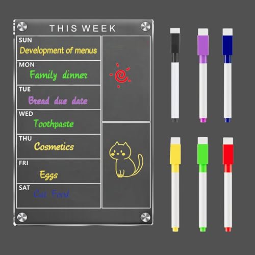SEPSCO Ardósia magnética frigorífico, calendário planeador semanal transparente A4 acrílico organizador marcar tarefas menu lista de compras com 6 marcadores minimalista e estilosa para cozinha escola