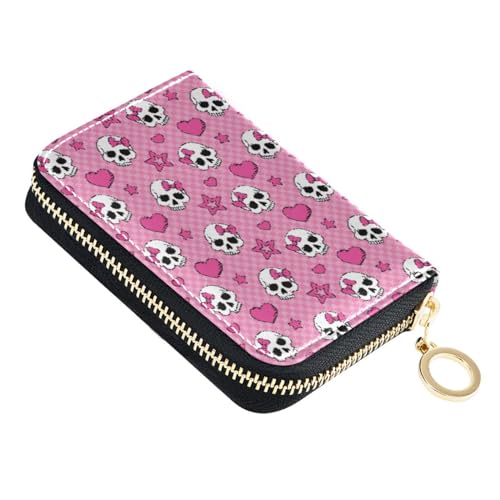 MNSRUU RIFD Blocking Wallet Pink Skull Girl Wallet Credit Cards Holder Slim Leather Credit Card Holder Case with Zipper,Small Wallet for Women Men