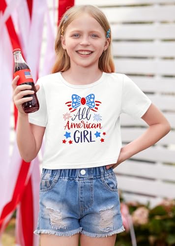 Image of BesserBay Kids Girls 4th of July Crop Tops American Flag Red White Blue Patriotic Bows USA Flag T-Shirts 6-14 Years