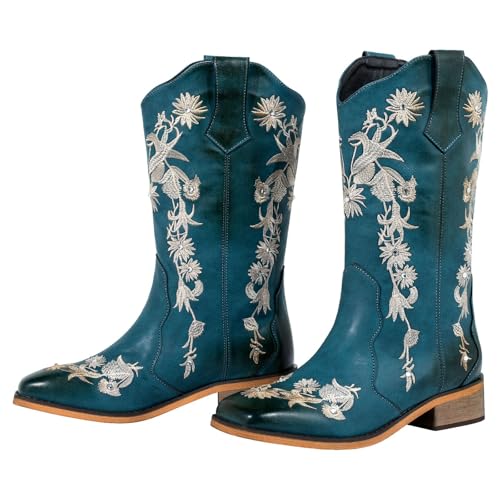 SheSole Cowboy Boots for Women Square Toe Mid Calf Floral Western Cowgirl Boots Sparkle Rhinestone Wedding Shoes2