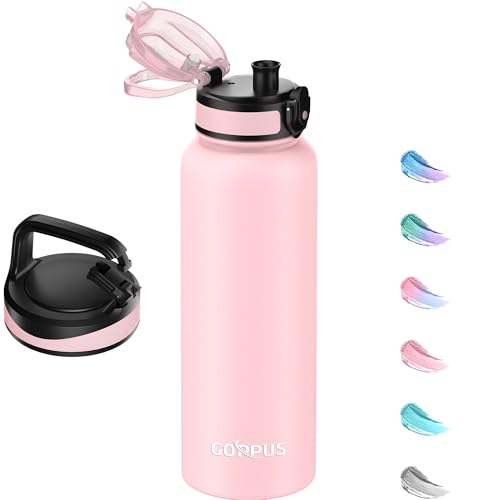 GOPPUS 1.2L/40oz Stainless Water Bottle (No Straw) with Screw Lid Double Wall Insulated Bottles with Strap Large Vacuum Thermal Flask Leakproof Keep Cold Drinks Bottles with Flip Top Lid BPA Free