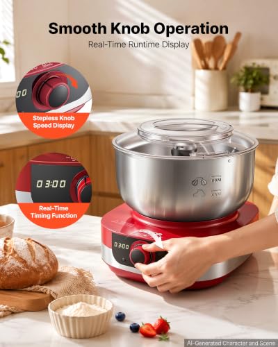 Image of VEVOR 5.3 Qt Electric Dough Maker 500W Stand Mixer Removable Lid, Stepless Speed Adjustment Food Kitchen Mixer with Stainless Steel Bowl, Dough Hook, Whisk, Beater, for Pizza Bread Pasta Mochi