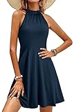 OUGES Women's 2024 Summer Halter Neck Sleeveless Tie Back Swing A-Line Sundress Casual Dresses(Navy,S)