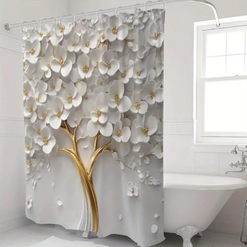 Rideau de douche arbre fleurs blanches imperméable et anti-moisissure