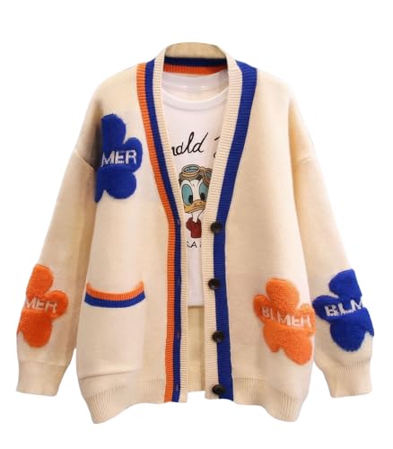 Image of ebossy Women's Cute Daisy Floral Embroidery Cable Knit Cardigan Slouchy Button Down Jacquard Sweater (M, Apricot), Medium