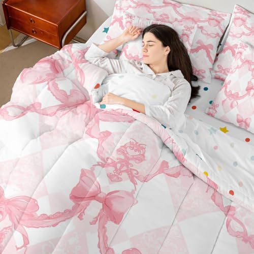 Image of Watercolor Bow Bed in a Bag Queen Comforter Set 7-Piece | Pink Bow Tie Bedding Sets Dreamy Princess Style Bowknot Comforter and Sheet Set, Girly Pink Bow Room Decor,Cute Room Decor Aesthetic Kawaii