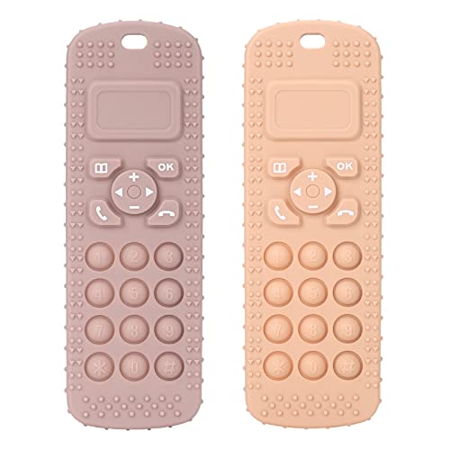 Image of Socub Silicone Baby Teething Toy for Babies 3-12 Months, 2 Pcs Mobile Phone Shape Teether Toys for Infants Boys Girls, BPA Free Pain Relief Chew Toy (Blush/Dusty Lilac)