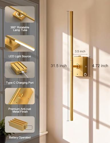 Image of Battery Operated Wall Sconces Set of 2: 10000mAh Rechargeable Wall Lights with Remote, 360 Rotate 3000K-6000K LED Wireless Wall Light Fixtures Decor for Bedroom Living Room Hallway Picture Lighting