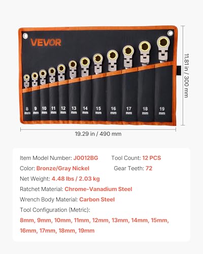 Image of VEVOR Flex-Head Ratcheting Wrench Set, 12-Piece Metric 8 mm to 19 mm, 72 Teeth, Cr-V Steel Ratchet Flexible Combination Wrench Set with Roll Up Pouch, for General Household and Automotive Repairs