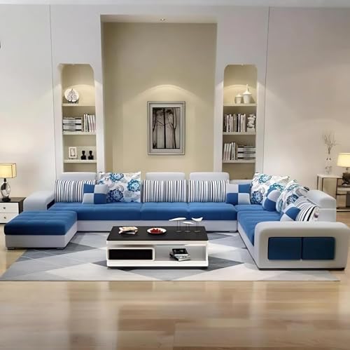 Image of Torque Wood - Allister U Shape 12 Seater Sofa Set for Living Room (Left Side, Blue & Light Grey) | U Shaped Sofa Couch with 4 Puffy for Hall Guest Room | 1 Years Warranty