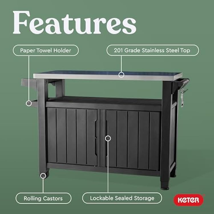 Keter Unity XL Portable Outdoor Table with Stainless Steel Top for Kitchen Prep and Outdoor Storage Cabinet for Grilling Accessories, Dark Grey
