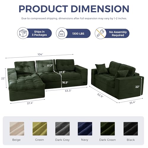 Image of MAXYOYO Modular Sectional Sofa with Ottoman and Loveseat, Cloud Boneless Couch with Layered Cushion, Flexible Module Combination Sofa for Living Room, No Assembly Required,Dark Green