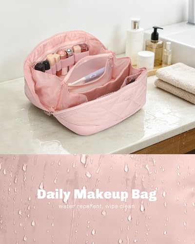 Image of Hynes Eagle Travel Makeup Bag for Women Puffy Cosmetic Organizer Pouch Open Flat Toiletry Bag for Toiletries Brushes Structured Base Light Pink