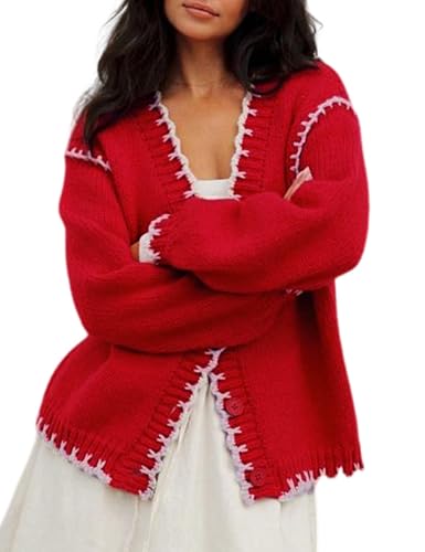 Yimoon Chunky Cardigan Sweater for Women Contrast Stitching V Neck Long Sleeve Button Down Loose Fall Knitted Sweater