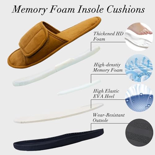 Image of Men's Open Toe Slippers, 60D Memory Foam Indoor Slip on All-Season Wear | Adjustable Strap, Luxurious Suede Upper, Machine Washable, Gift, Moisture-Wicking Coral Fleece Lining
