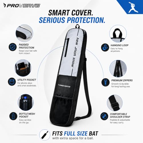 Image of Padded Cricket Bat Cover Full Size | Lightweight Durable Cricket Bat Carry Case with Utility Pocket & Shoulder Strap | Protective Bat Bag for Practice & Matches | Grey & Black