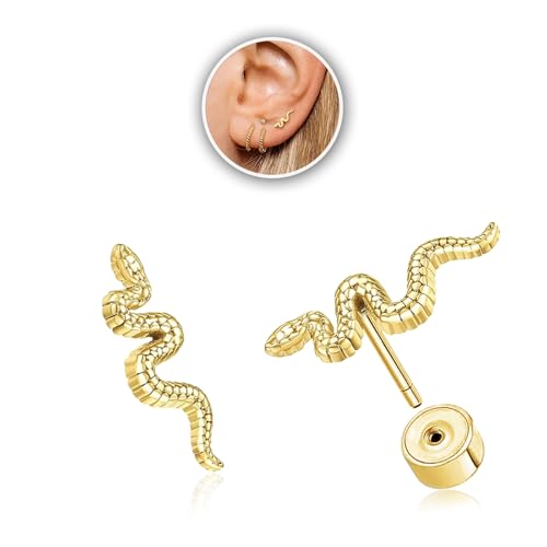 Hypoallergenic 14k Gold Plated Snake Flat Back Earrings for Women-316L Stainless Steel Push-in Design Tiny Stud Earrings Can Be Used for Cartilage/Tragus/Helix Multiple Piercing Jewelry
