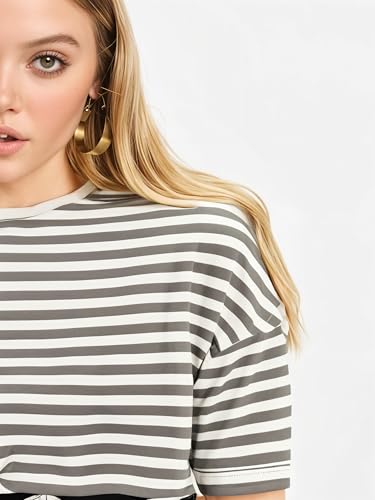 Image of Mack Jonney Oversized | Loose Fit | Half Sleeves 100% Cotton Round Neck Striped T-Shirt for WOMEN-MACK640651