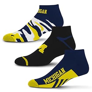 For Bare Feet NCAA Michigan Wolverines CAMO BOOM 3 Pack Ankle Sock Team Colors Large