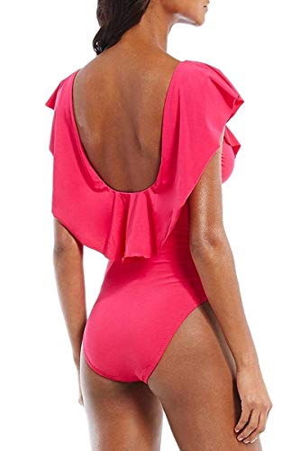 Women's Sexy V-Plunge One-Piece Swimsuit,Studio Solids Ruffle Sleeve Swimwear Bathing Suit2