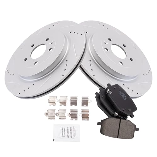 Image of TRQ Performance Rear Brake Pad and Rotor Set Ceramic Drilled Slotted G Coated Rotors Compatible with 2013-2019 Ford Police Interceptor Utility