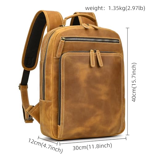 Vintage Full Grain Leather Backpack for Men, 16" Laptop Rucksack For Men Hiking Trave Work Business Bag, 9493 Light Brown2