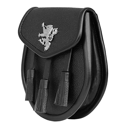 Image of Scottish Original Leather Sporran with Leather Belt & Chain (Black Leather Rampant Lion Sporran)