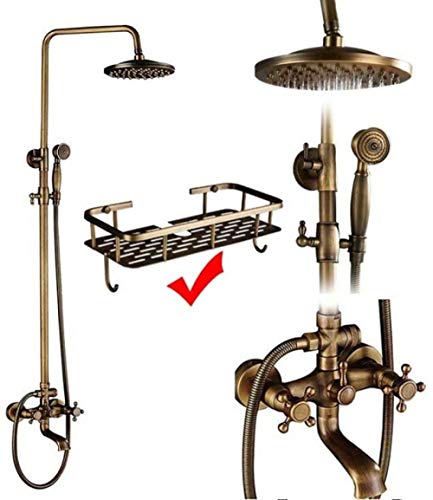 シャワー アンティーク真鍮 ダブルハンドル 壁掛け式 浴室シャワー蛇口セット シャワー棚付き 浴室シャワーミキサー-G01,C02