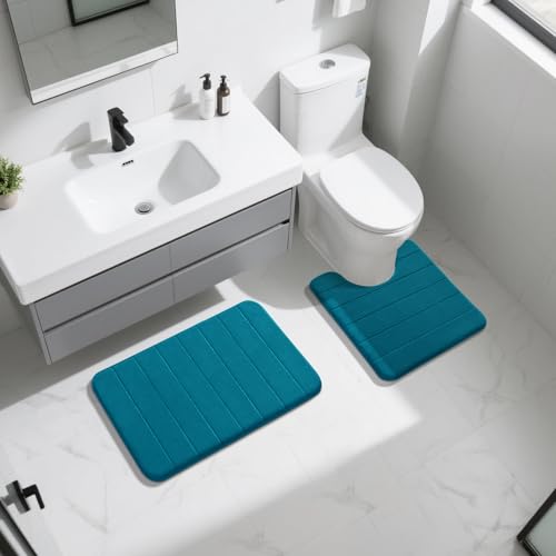 Image of Yimobra Memory Foam Bath Mat Set 2 Piece - Super Soft Absorbent Quick Dry Bathroom Toilet Rugs, Machine Washable Non Slip Floor Carpet for Tub Shower & Single Sink (31.5x20 & 24x20, Peacock Blue)