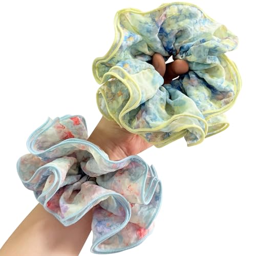 Jseng 3PCS Satin Silk Scrunchies for Hair, Large Hair Ties with Watercolor Pattern, Yellow and Blue