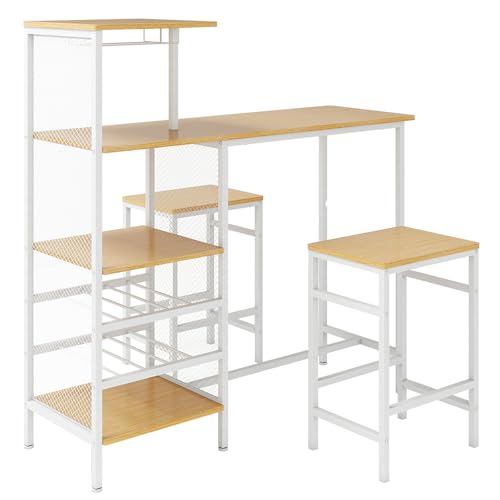 YORKING Breakfast Bar Table and Stools Set, 3 PCS Bar Table Set with Glass Holders, Wine Racks, Storage Shelves & Adjustable Foot Pads, Dining Table and 2 Bar Stools for Kitchen, Living Room, Oak