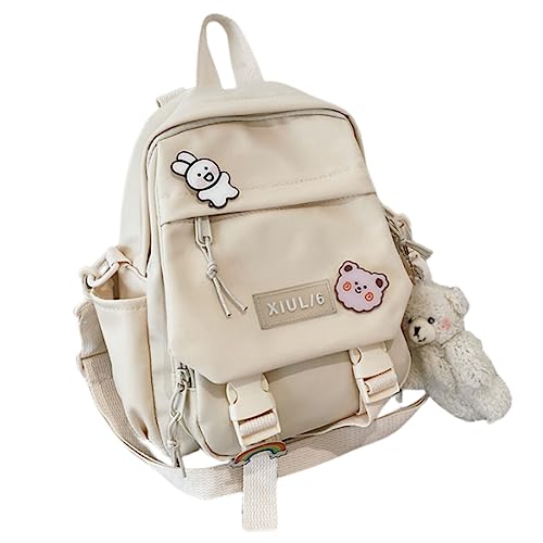 AlmondJoy Mini Backpack Aesthetic Backpack Cute Canvas Backpack Casual Travel Daypacks Solid Color (Bag Badge Bear,White)