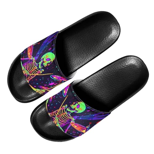 Quxjehoe Mens Neon Skeleton Drummer Slide Slippers Comfortable Quick-dry Shower Slipper Summer Slides for Men Size 14 Black Sole