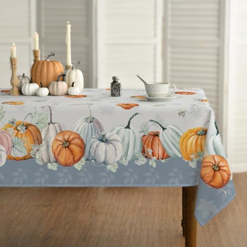The Holiday Aisle® Fall Tablecloth, Thanksgiving Autumn Harvest Watercolor Blue Buffalo Plaid Pumpkin Table Cover For Party Picnic Dinner Decor