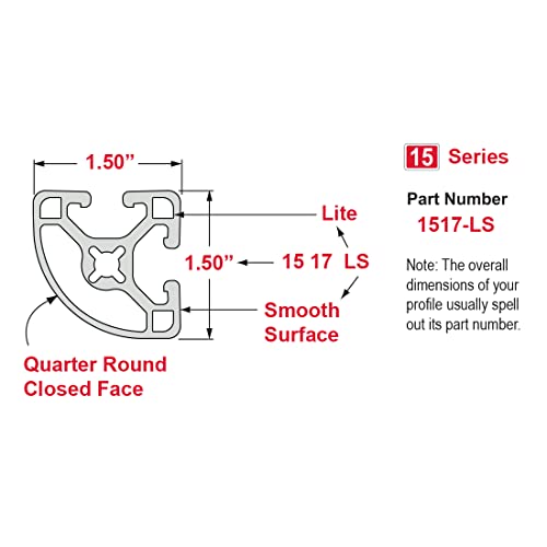 8020, 1517-Ls, 15 Series, Aluminum 1.5" X 1.5" Smooth Quarter Round Aluminum Extrusion X 60" Long T Slotted Angle Profile #TOP5