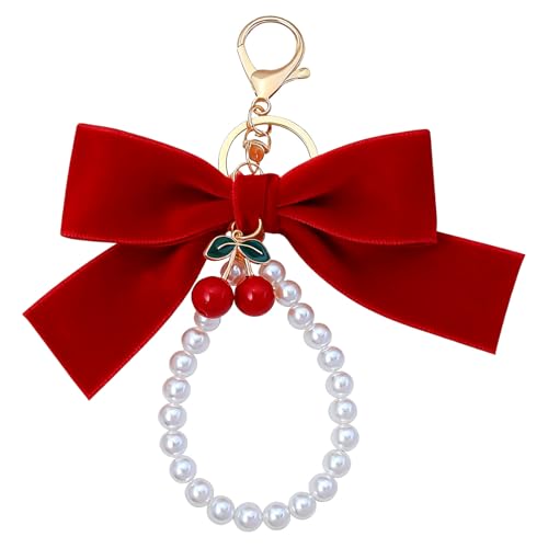 Zytiqt Keychains Aesthetic, Cute Bow Bracelet Keychain for Girls, Stylish Bag Charms for Handbags, Red Bow Key Chain for Bike, Gifts for Teen Girls and Women