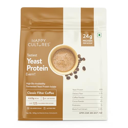 Image of Happy Cultures 24g Tastiest Yeast Protein (Fermented) | Classic Filter Coffee | Higher Absorption than Whey Protein | Superior Muscle Recovery | Gut Friendly & Super Tasty | PDCAAS of 1 | No Added Sugar- 505g