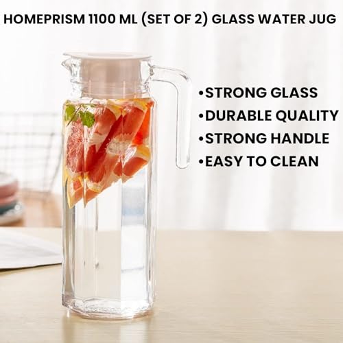 Image of 1100 ML (Set of 2) Glass Water Jug With Lid for Juice, Hot and Cold Beverages - Milk and Juice Carafe