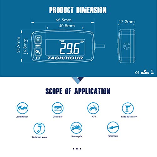 Runleader HM032R Inductive Tachometer Digital Tach Hour Meter Backlit Flash Alert Service Alarms for Gasoline Engine Chainsaw ATV UTV Dirtbike Motobike Motocycle Outboards Snowmobile Marine Boat
